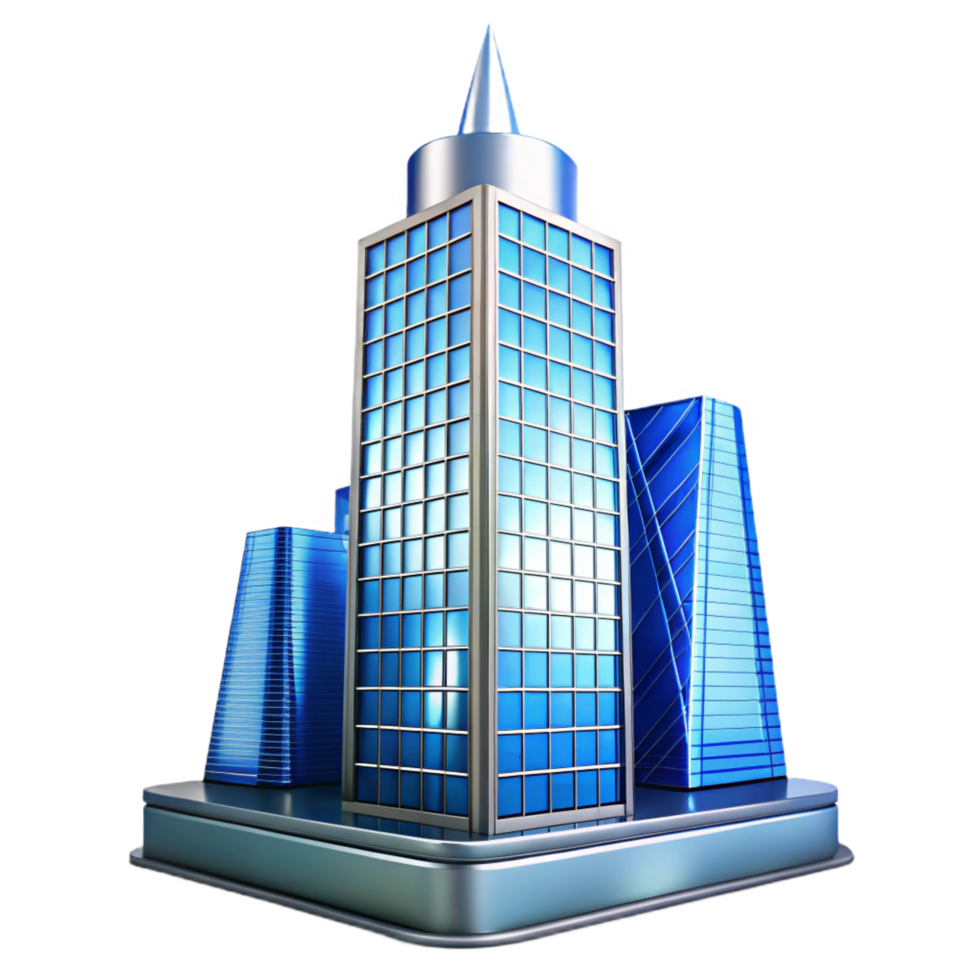 coveted baroque A glass skyscraper reflecting the cityscape, sleek modern design, blue and silver tones, bright sunlight exclusive png