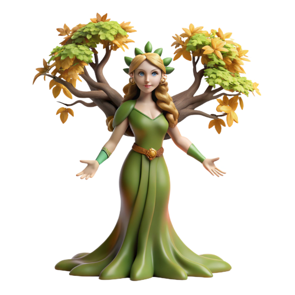 alluring dreamy art deco A graceful dryad merging with an ancient oak tree, sunlight dappling through the leaves, Pre Raphaelite style, soft, natural lighting, fine detail png