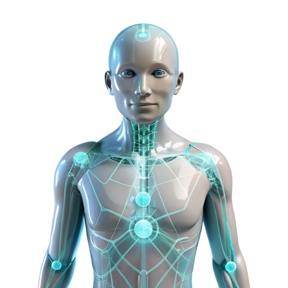 glorious acclaimed A transparent human figure with glowing circuitry visible beneath the skin, surrounded by data streams, illuminated by a soft white light, in a cyberpunk style png
