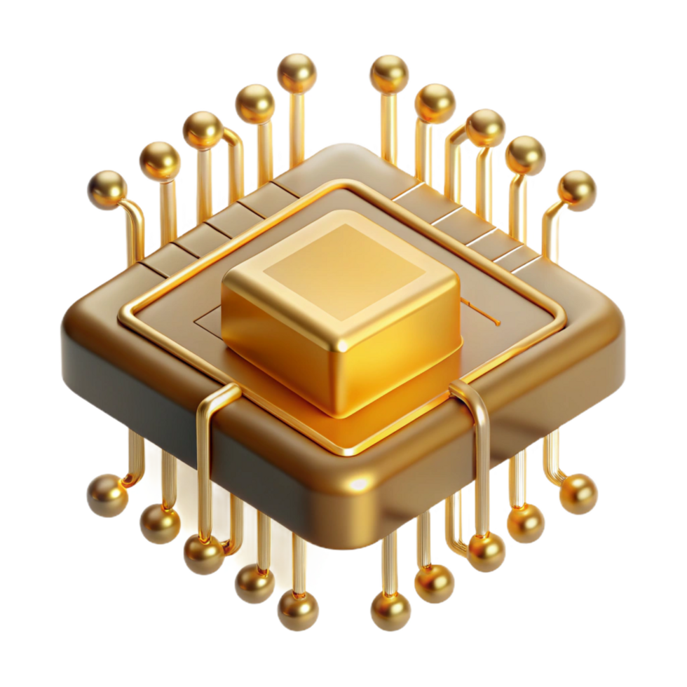 radiant iconic A single microchip, magnified to enormous scale, intricate pathways glowing with golden light, viewed from a microscopic perspective, rendered in a photorealistic style png