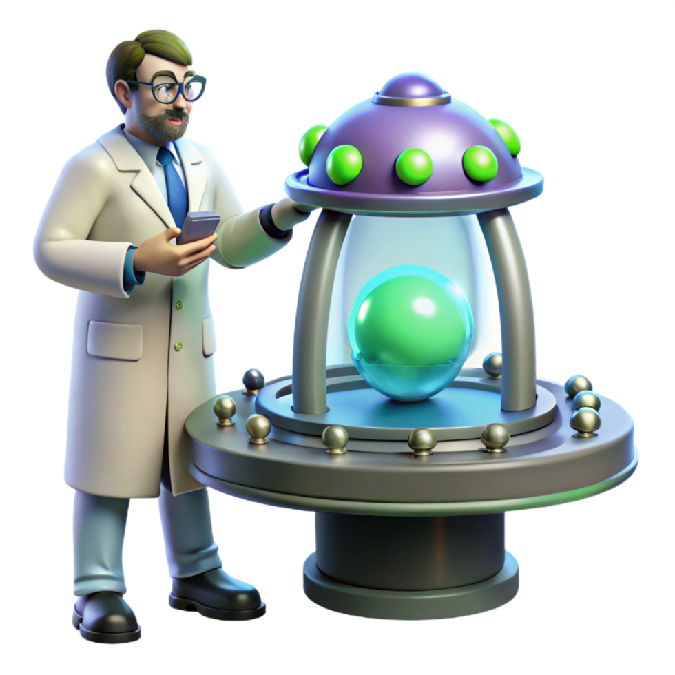 glorious contemporary A scientist examining a strange, pulsating alien artifact in a high tech laboratory. Retrofuturism style. Cool lighting museum quality png