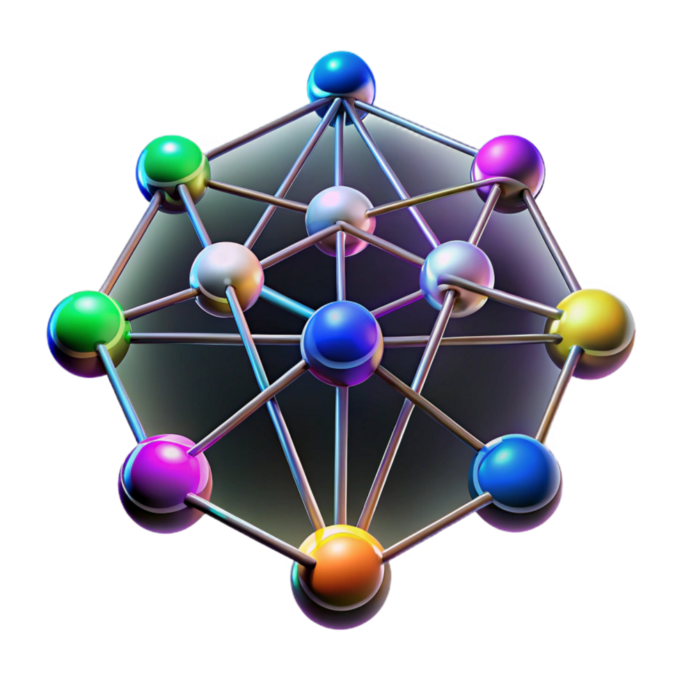 iconic avant garde A network of interconnected nodes, pulsing with data, glowing with various colors, in a dark, abstract style studio quality png