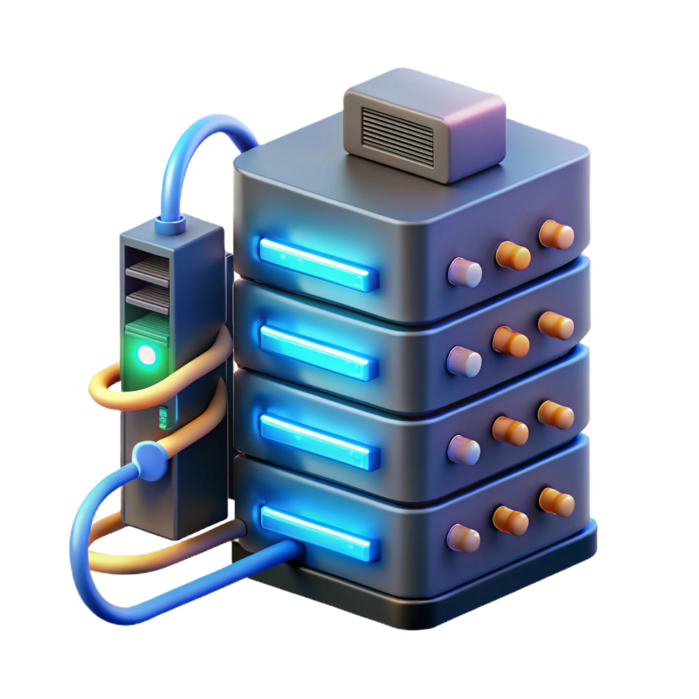 inspired coastal A server rack glowing with activity, cables and wires connecting to various devices, data center setting, realistic style gallery standard png