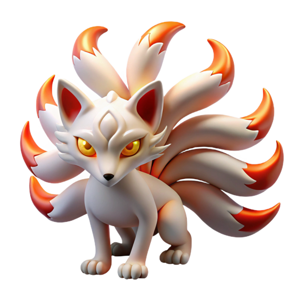dreamy dramatic An enigmatic kitsune with nine tails, glowing eyes, Japanese art style flawless png