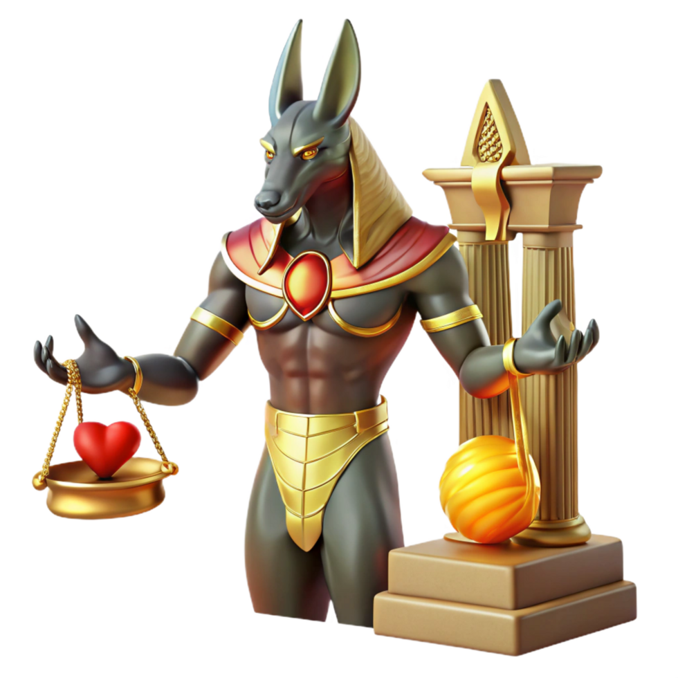 timeless urban Anubis, the jackal headed god, weighing a human heart against a feather on golden scales, within a dimly lit Egyptian tomb, depicted in a hieroglyphic mural style expertly shot png