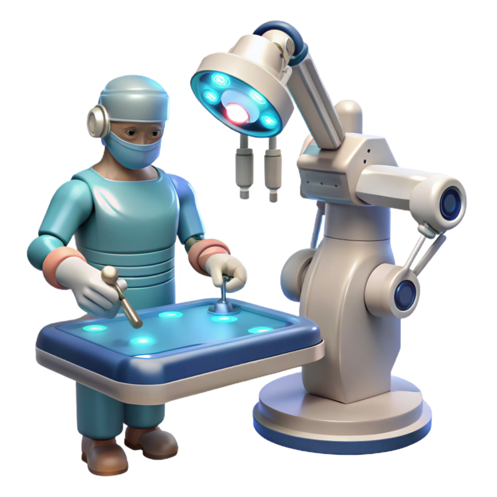 quintessential contemporary A robotic surgeon performing a delicate operation, precise instruments illuminated by surgical lights, medical illustration style original png