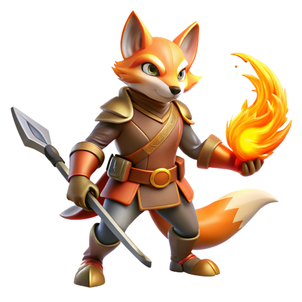 distinctive minimalist A fierce, anthropomorphic fox knight wielding a flaming scimitar, dramatic backlighting, comic book style impeccable png