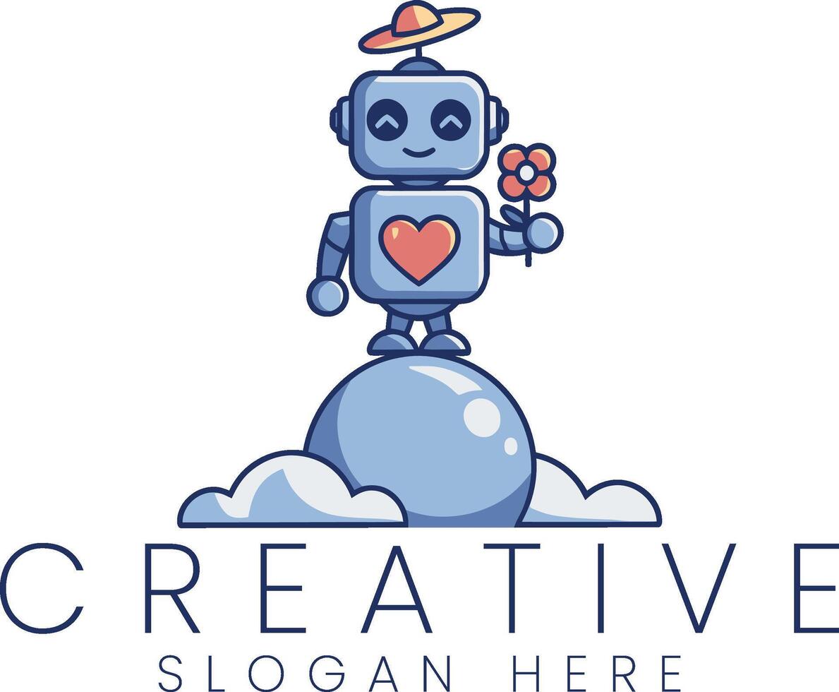 Cute Robot Holding Flower on Cloud Creative Logo Design art blue pink icon happy white vector
