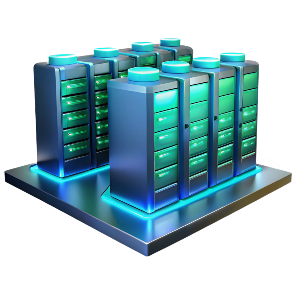 dramatic dynamic traditional A futuristic server room, endless rows of glowing servers, cool blue and green hues, perspective view, hyperrealistic style elite png