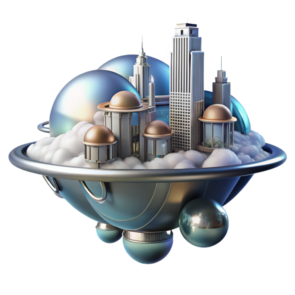 immaculate memorable A floating city above a gas giant, metallic and glass structures, swirling clouds, science fiction atmosphere, futuristic style, png