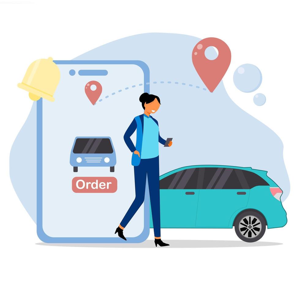 A woman is walking towards a car with an order icon on the screen vector