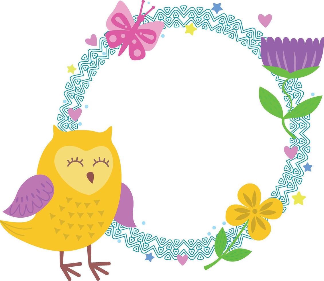 A frame with cute owls,butterflies and flowers. Cute postcard, hand-drawn frame with cartoon owls, butterflies and flowers vector