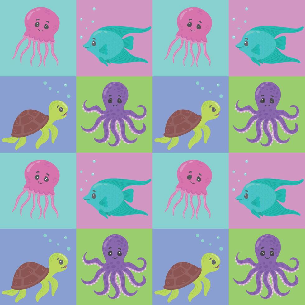 Seamless marine-themed block pattern with turtles, fish, jellyfish and octopuses. A illustration consisting of hand-made mosaic blocks. Marine flora and fauna. vector