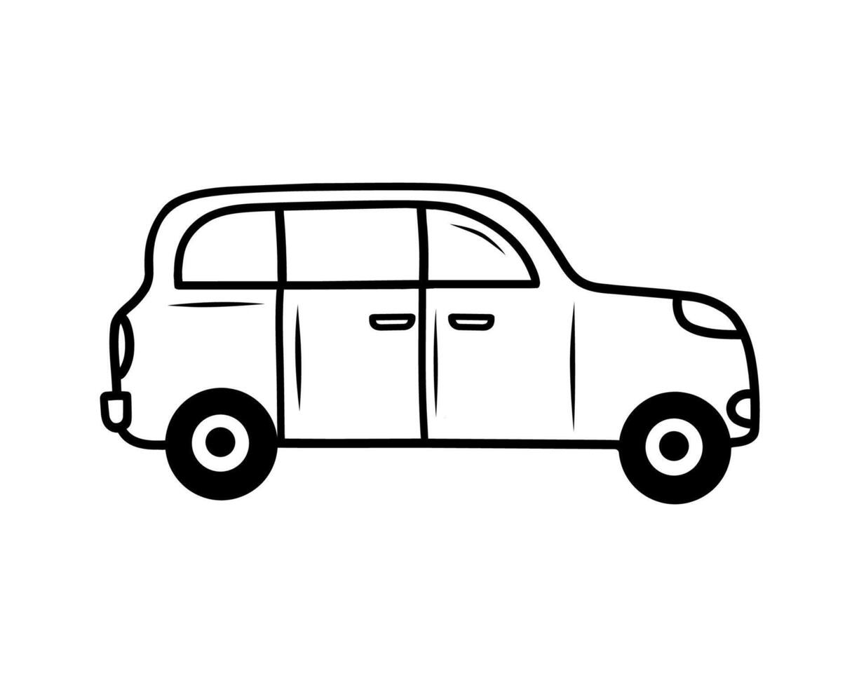 A image of a car, hand-drawn.Coloring pages for books and drawings. A black outline sketch highlighted on a white background. A graphic element. Illustration of a car. vector