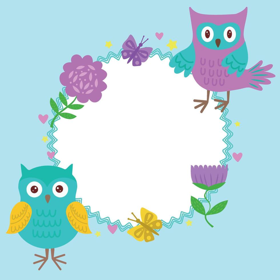 A frame with cute owls, butterflies and flowers. Cute postcard, hand drawn frame with cartoon owls, butterflies and flowers vector