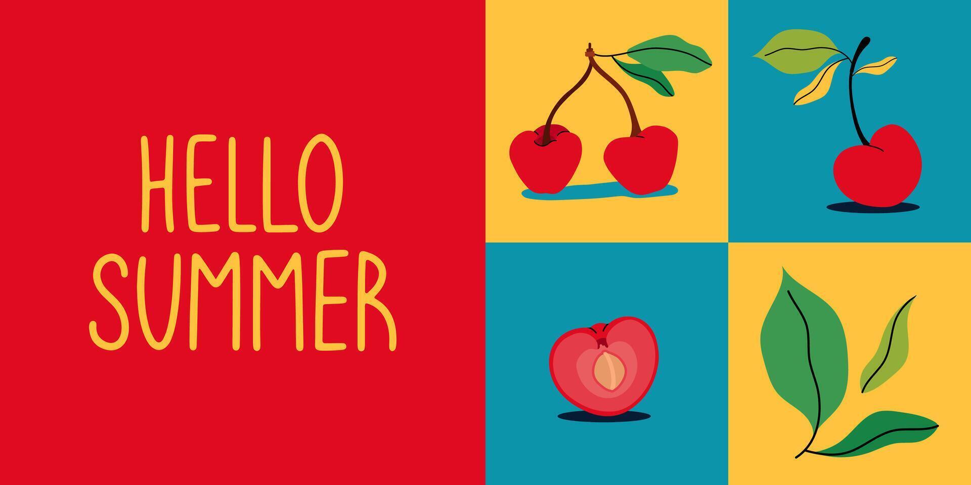 Hello Summer Banner with cherry, cherry slice and green leaves on an abstract vibrant background. Flat illustration perfect for summer sale, poster, and design. vector