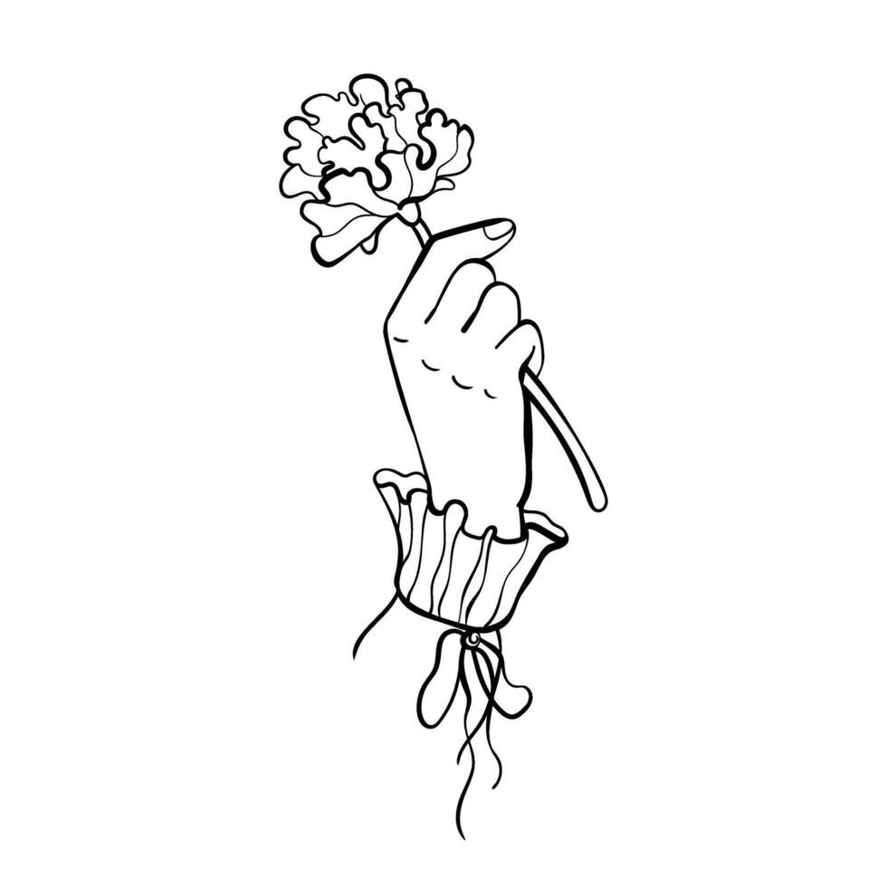 Delicate female hand in vintage ruffled sleeve gently holding flower. Minimalist doodle with curved outline. Ideal for feminine branding and boho design. vector