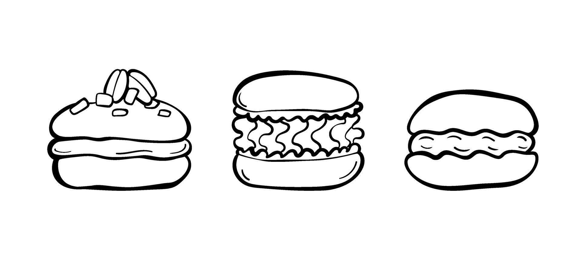 Three mini macarons in different shapes. Sweet pastry. Cute minimalist doodle with black outline. Great for dessert packaging, cafe menus, and sweet branding. vector