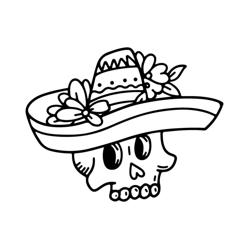 Mexican sugar skull with floral patterns wearing sombrero. Minimalist doodle in outline style. Perfect for Dia de los Muertos themes and cultural designs. vector