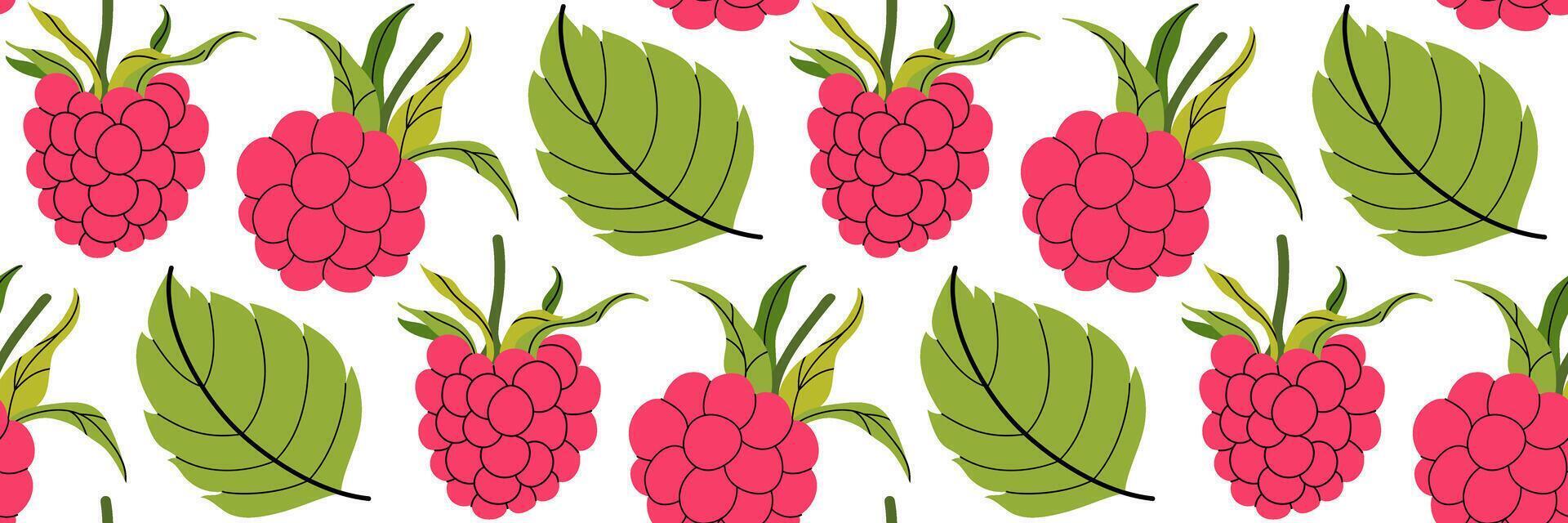 Seamless pattern of pink raspberry and leaves. Fresh summer vibe background. Garden and Agriculture. Perfect for packaging, textile, card, and kitchen designs. flat illustration. vector
