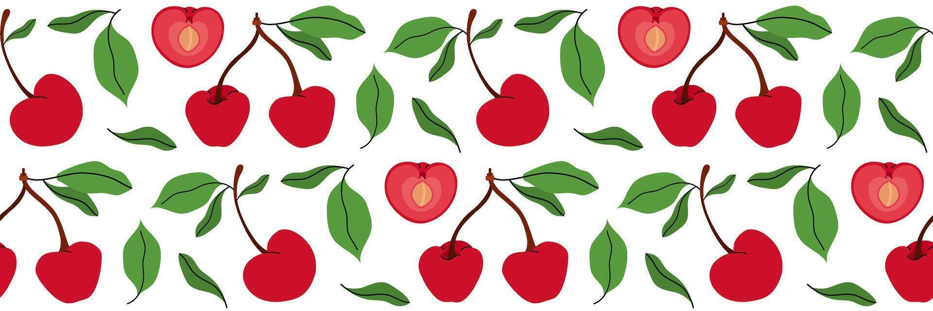 Seamless pattern with cherry, whole and one sliced in half showing pit. Spring garden background. Perfect for textile, menu, packaging, kitchen design. Flat illustration. vector