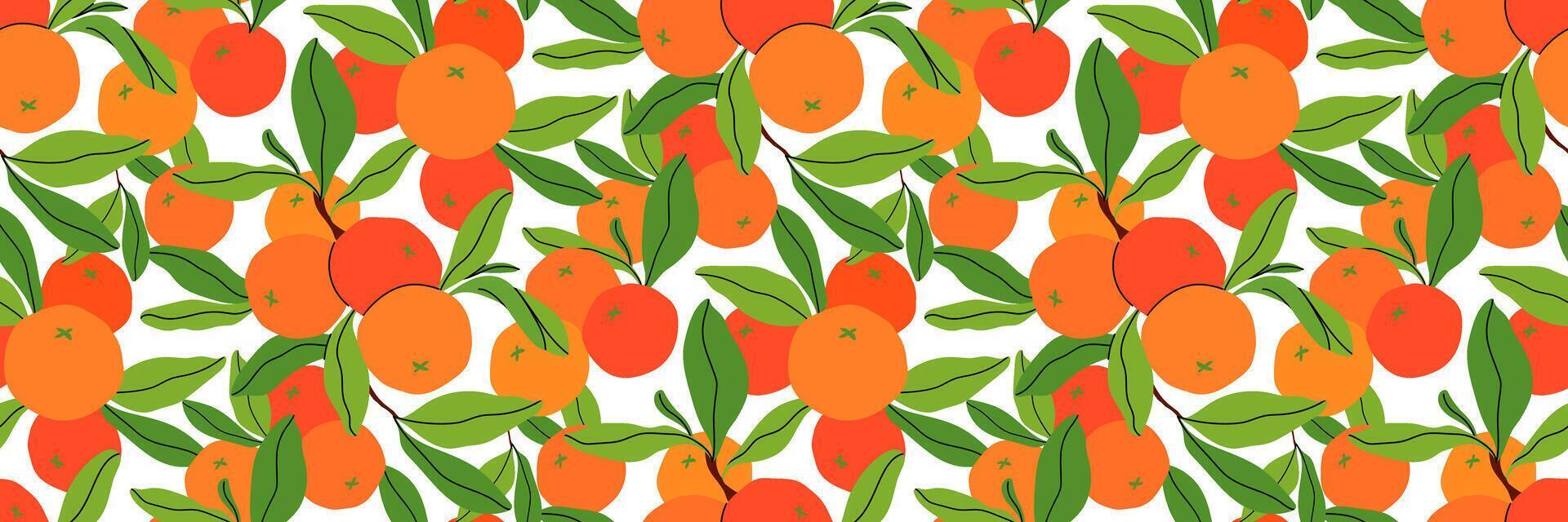 Seamless pattern of hand drawn orange with leaves. Fresh summer vibe background. Garden and Agriculture. Ideal for textiles, wrapping paper, wallpapers, and packaging. flat illustration. vector
