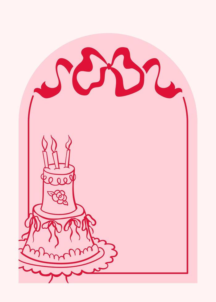 Festive birthday card template with two-tiered cake with bows ribbon. doodle illustration with soft pink arch background and outline details. Coquette aesthetic style. vector