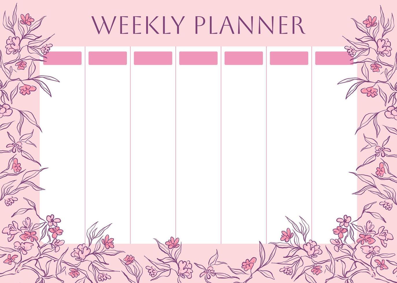 Weekly planner with beautiful cherry blossom. Garden Japanese Sakura, spring flowers background for notes. Cute school planner is for 7 days. Kids schedule design template. doodle illustration vector