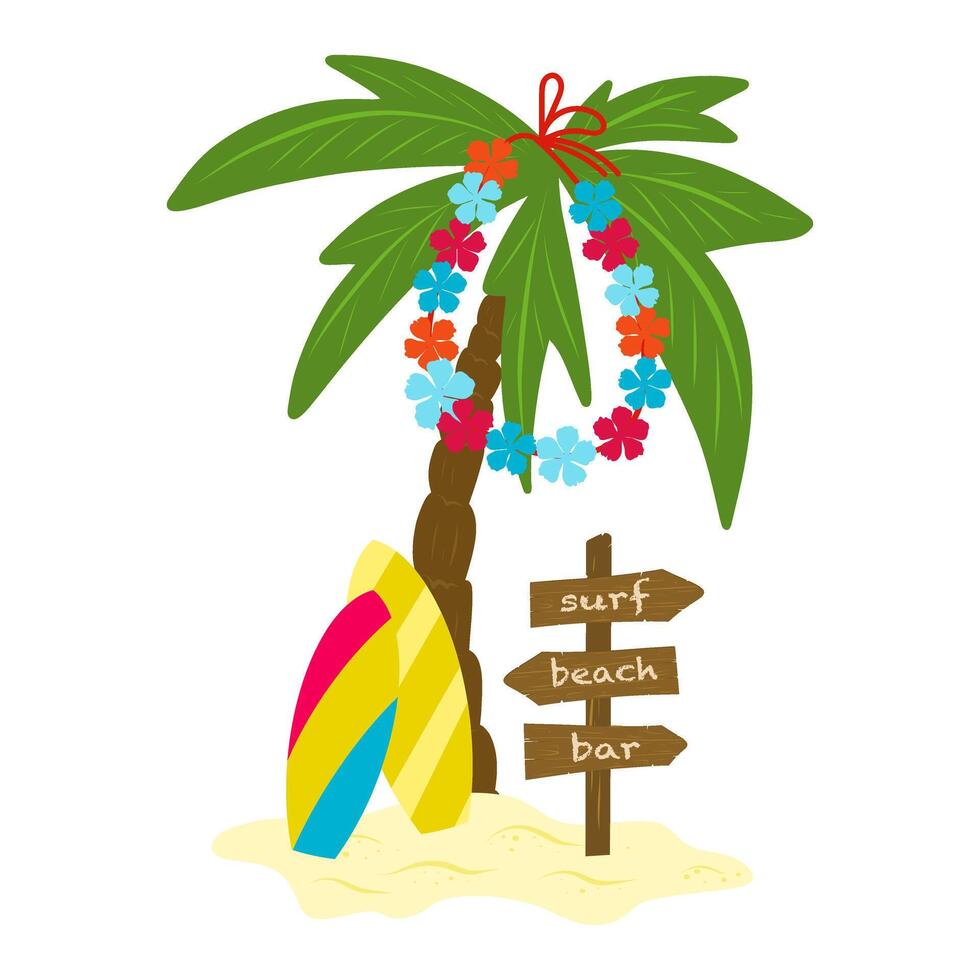 Palm tree with surfboards and wooden direction sign illustration. Summer board vacation travel frame, exotic palm tree, flower garland. Tropical ocean copy space wood billboard, surfboards. vector