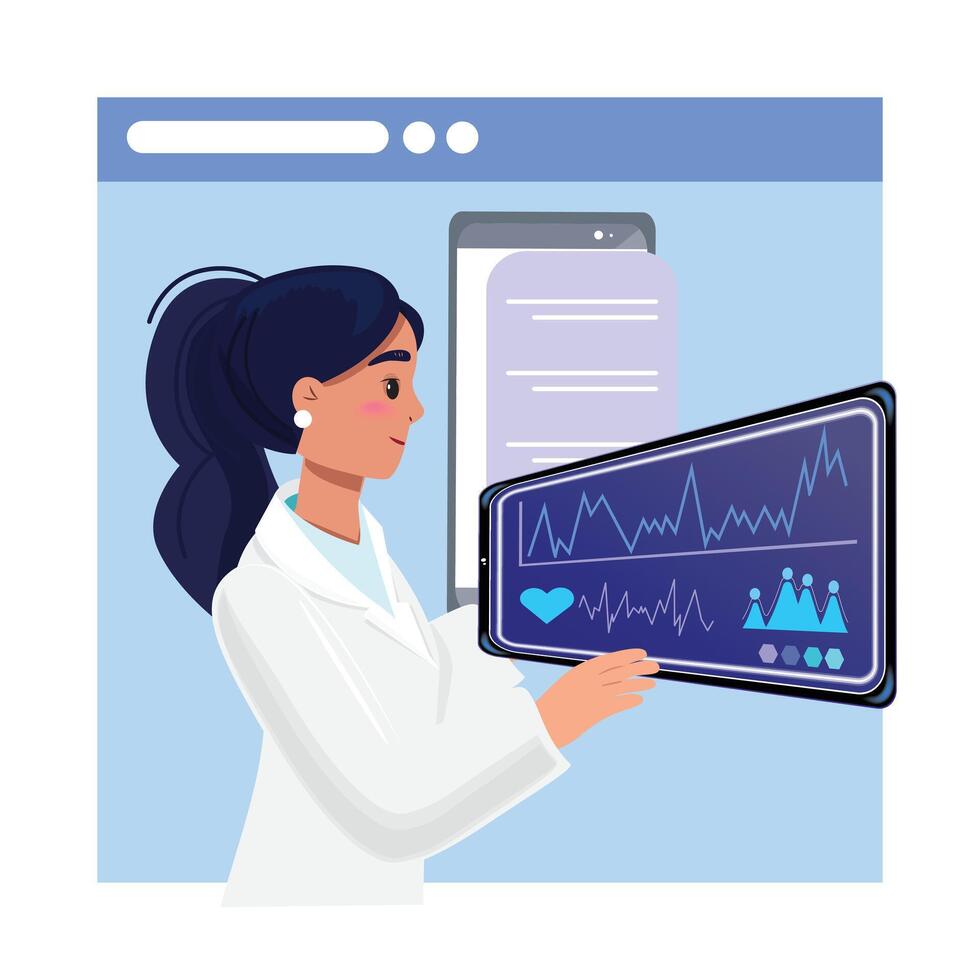 Woman physician using virtual tablet with heart rate and chart analytics, modern healthcare illustration vector