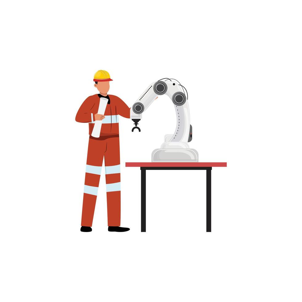 Technician in orange uniform using robot manipulator on table, industrial technology and engineering scene vector