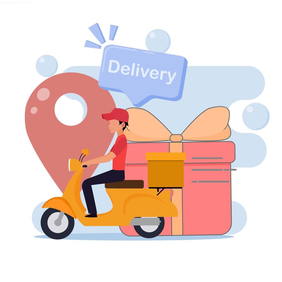 Delivery man on scooter with gift box and map vector