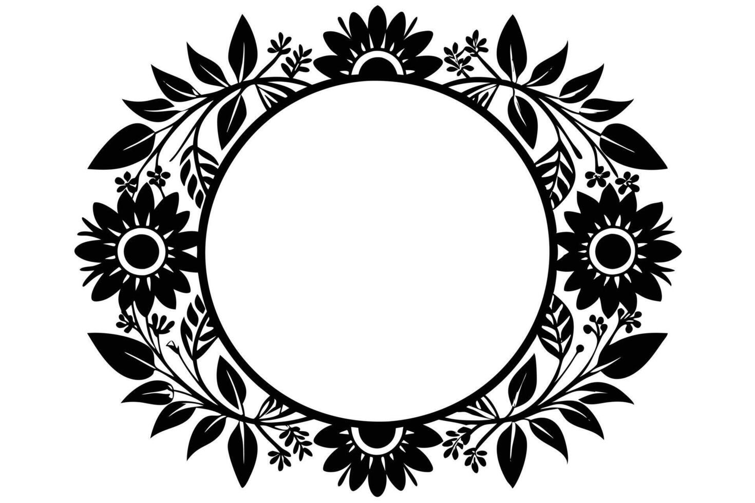 A black and White Floral Circle Frame vector