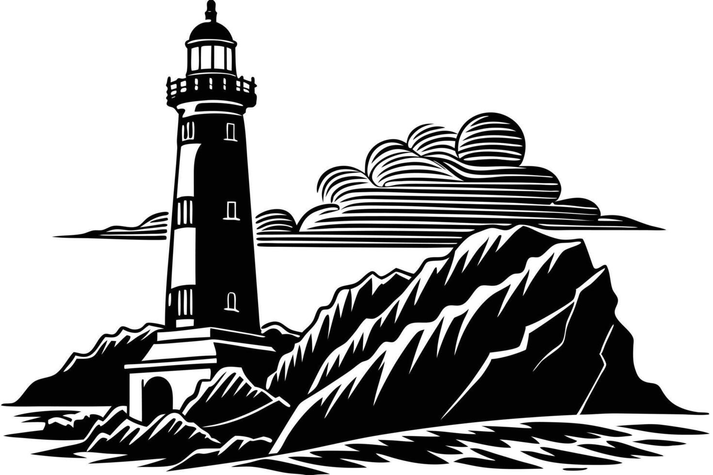 Striking black and white illustration of a lighthouse and coastal house. vector