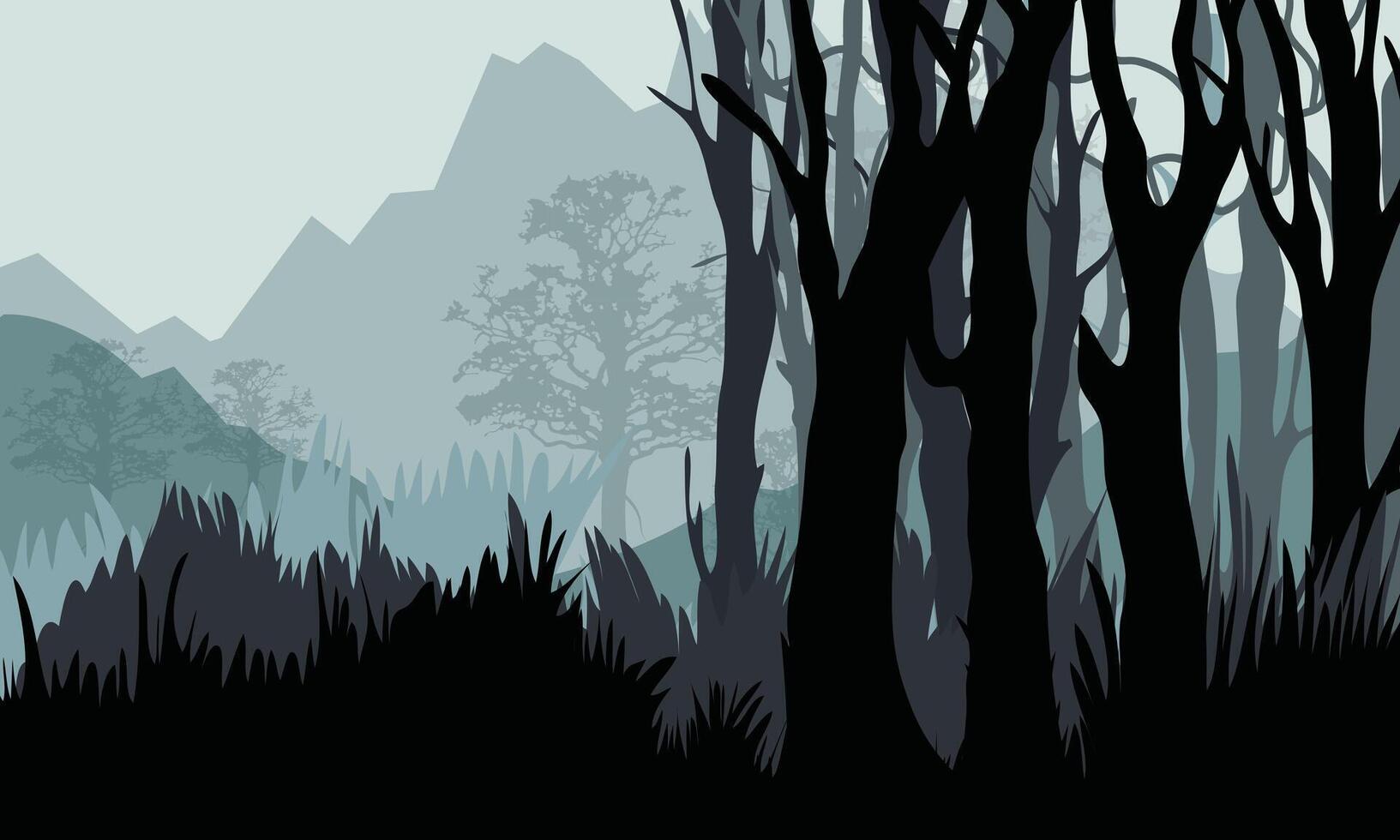 Misty Forest Landscape with Distant Mountains vector