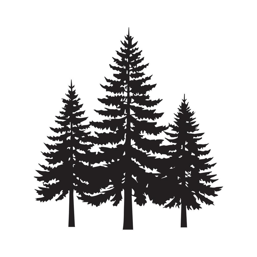 Black Pine Forest Silhouette Row, Winter Woodland Trees, White Background Minimal Design vector