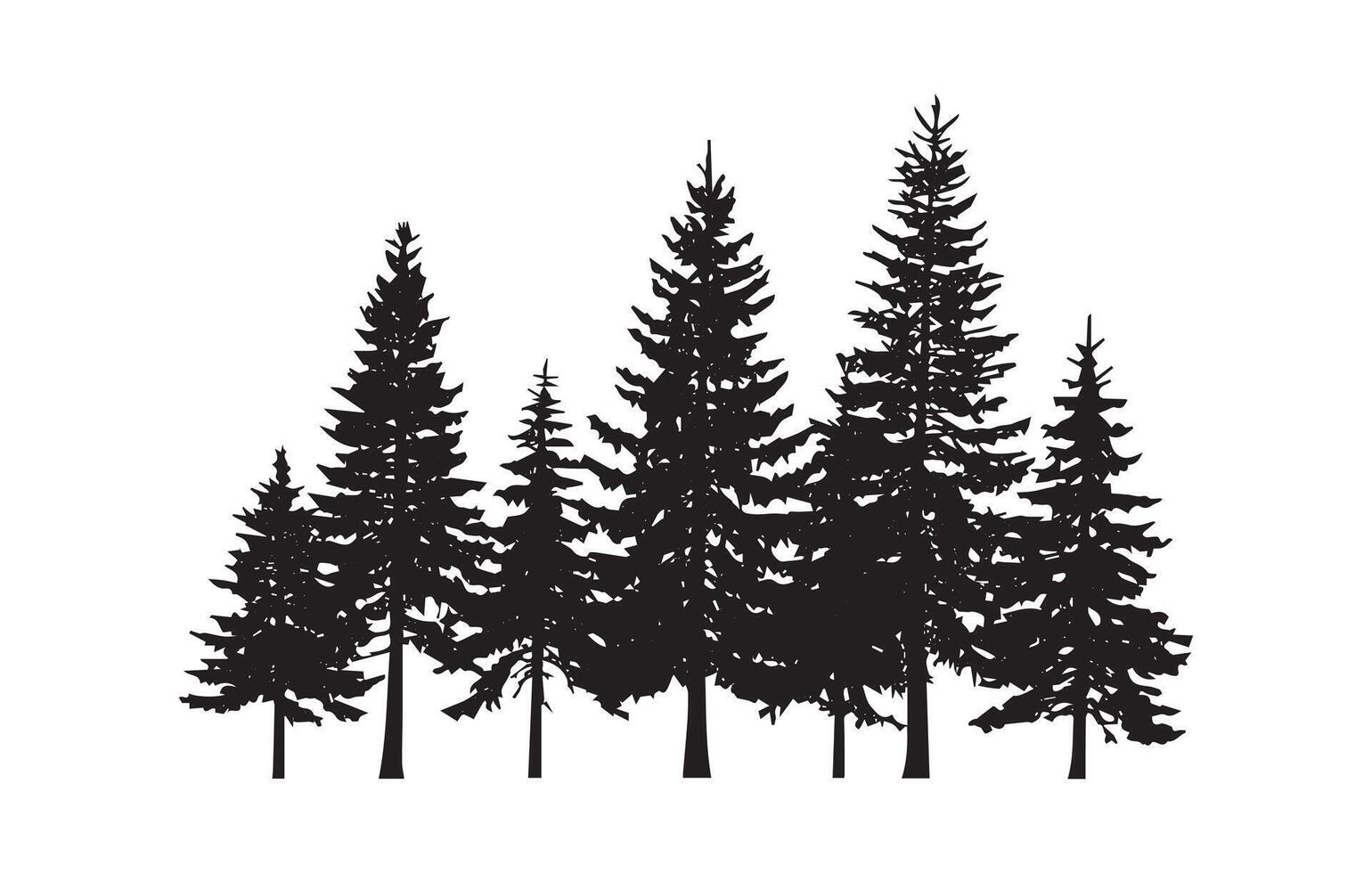 Varying Pine Tree Silhouettes, Forest Landscape, Black Evergreen Trees on White Background Design vector