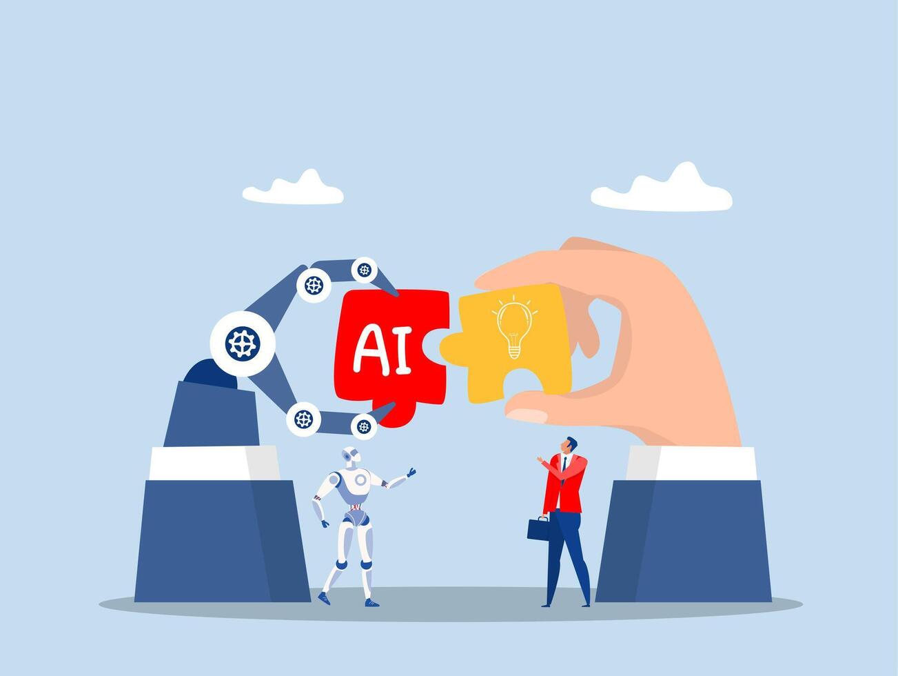 partnership, work together for success, agreement or negotiation, businessmen with ai or Artificial Intelligence robot on growth arrow joining connection agree to work together vector