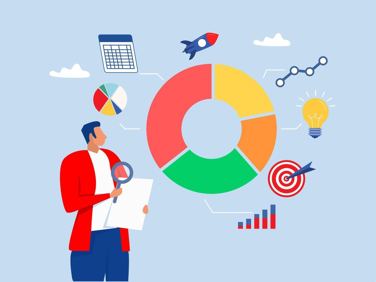 businessman with magnifying glass analyzing pie chart data.Analyze data, financial research analytics, data analysis, chart and graph or diagram, database report . vector