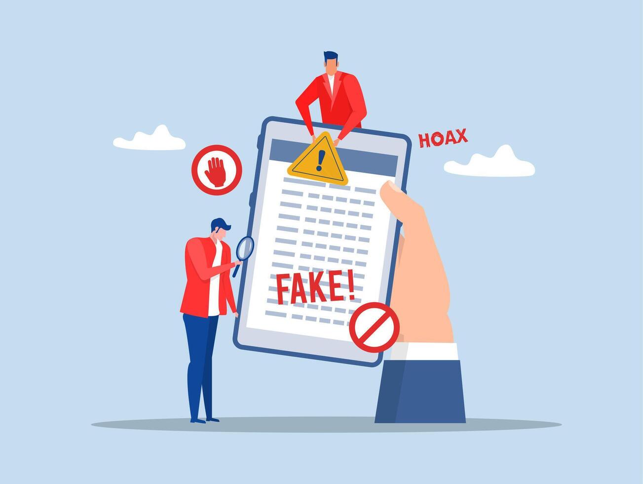 Businessman Uses Magnifying Glass to Identify Fake News on Social Media Spotlight on Deception hoax or lies censorship, fake website cheating, scam or dishonesty report concept vector