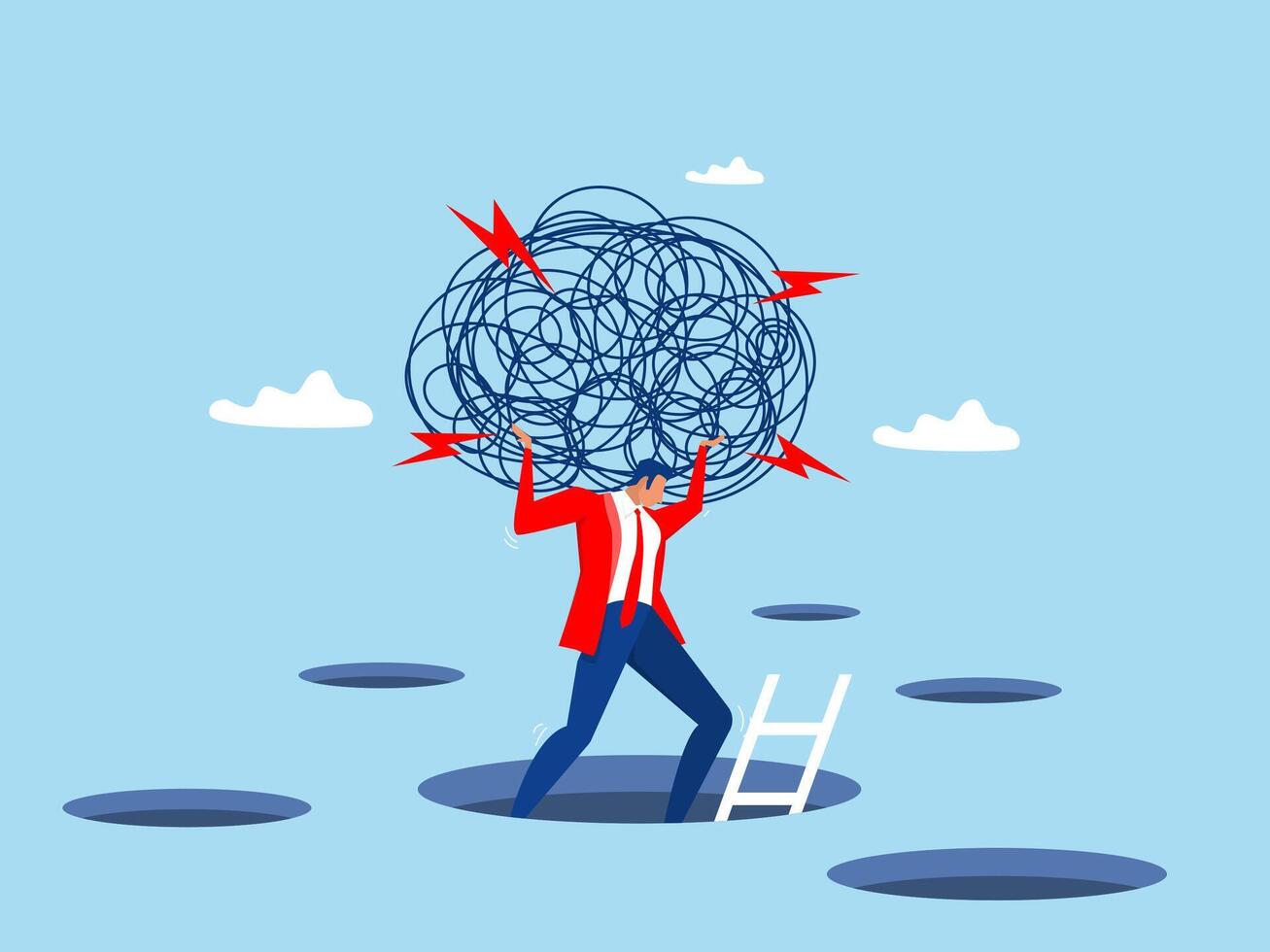businessman carrying heavy messy line on his back anxiety from work difficulty or overload, problem in economic crisis or pressure from too much responsibility vector