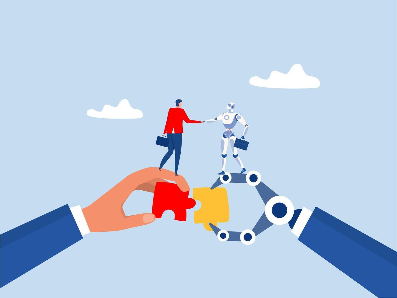 people with robot Cooperation partnership, work together for success, agreement or negotiation vector