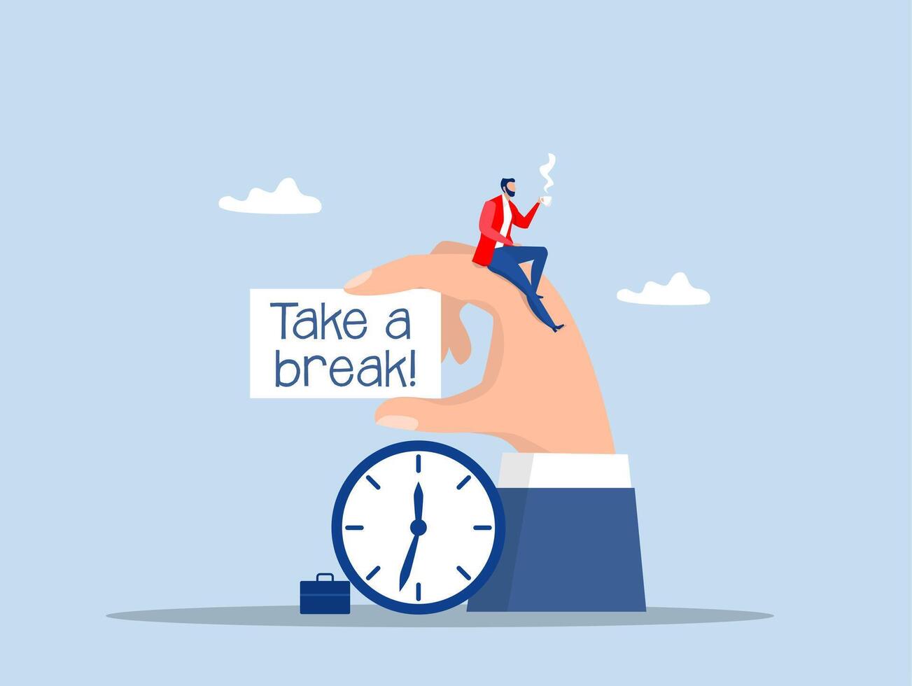 Time to take a break,Business man resting with coffee break time to relax and refresh from long stress interval, free from bored, sleepy and fatigue concept on Giant Hand vector