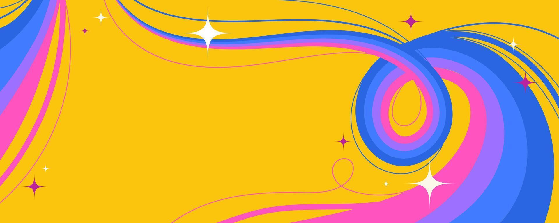 Retro Abstract Design with Squiggle Wavy Lines and Sparkling Stars on Yellow Background. Cosmic swirls with vibrant movement. Perfect for futuristic prints, party and space themes vector