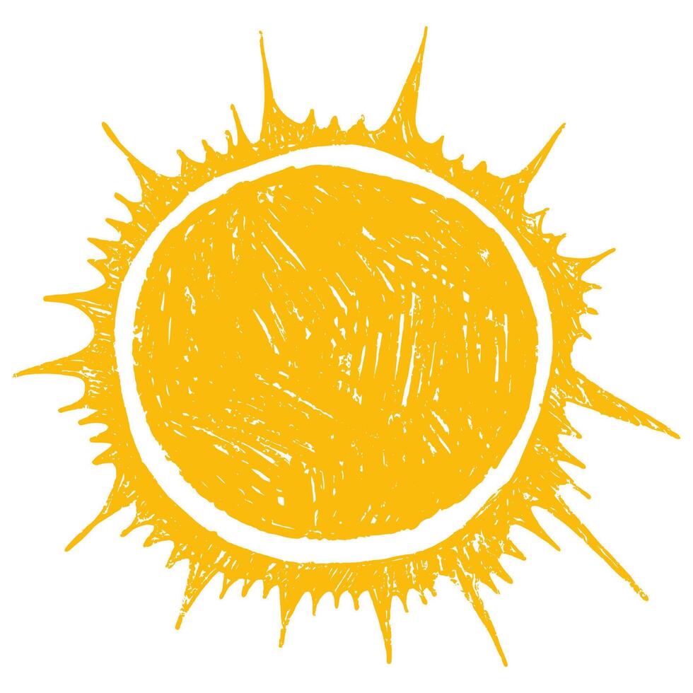 Cute Weather Sun Element in Hand Drawn Style with Grunge Pencil Texture, Isolated on White Background. Cute nature summer element. Sun, heat icon with rays vector