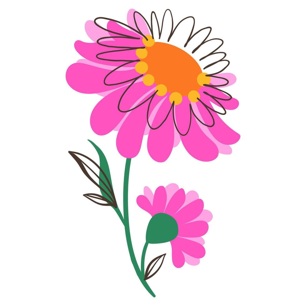 Beautiful Flower in Doodle Style. Colorful plant with cute line sketches of branches isolated on white background. Nature herb perfect for invitations, cards, posters, holidays vector