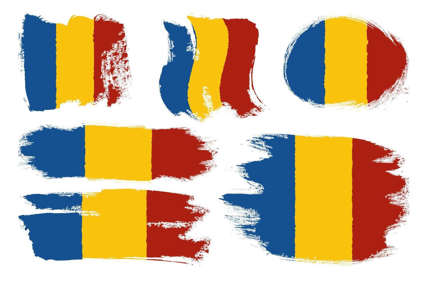 Collection of Grunge Brush Painted Romanian Flags with Vertical Blue, Yellow, and Red Grunge Ink Bulky Stripes on White Background. Hand drawn textured multicolored national flag. Perfect for posters vector