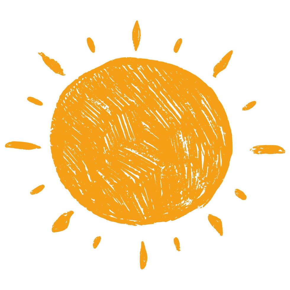 Sun with Grunge Pencil Texture in Hand Drawn Style Isolated on White Background. Cute nature summer element. Sun, heat icon with rays vector