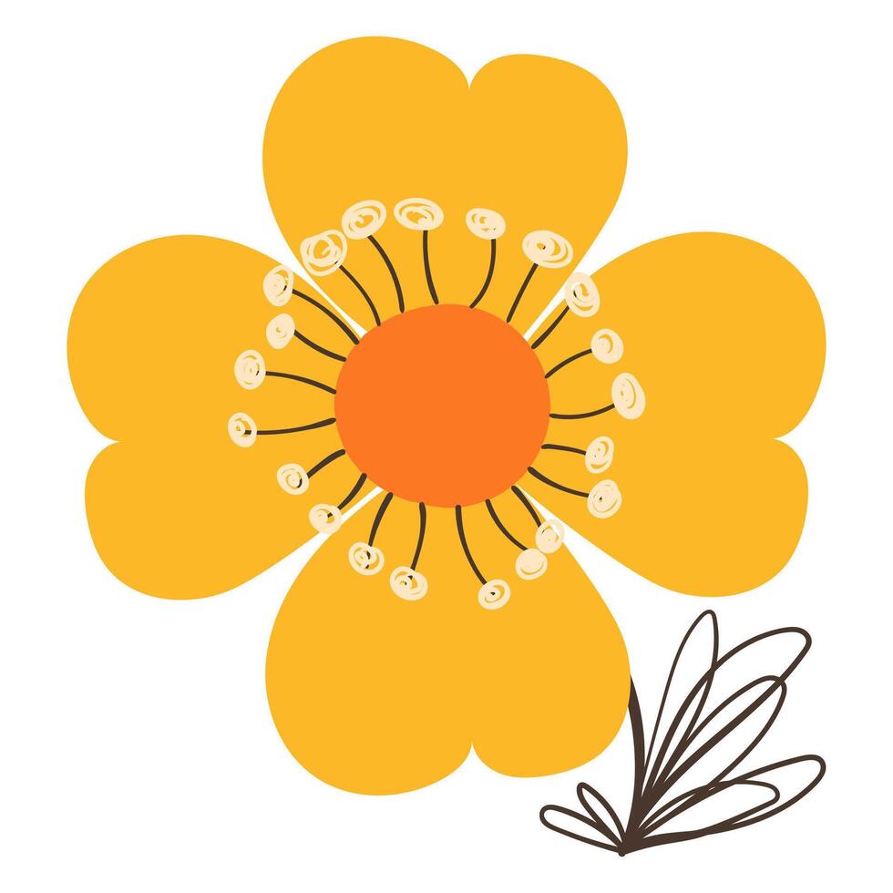 Hand Drawn Yellow Flower in Doodle Style. Colorful plant with cute line sketches of branches isolated on white background. Nature herb perfect for invitations, cards, posters, holidays vector