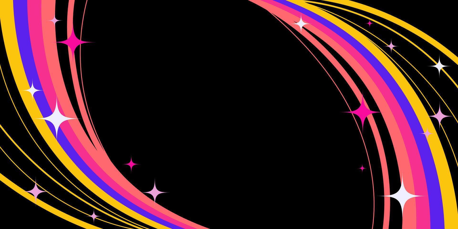 Abstract Colorful Frame with Squiggle Wavy Lines and Sparkling Stars on Black Background. Retro cosmic swirls with vibrant movement. Perfect for futuristic prints, party and space themes vector
